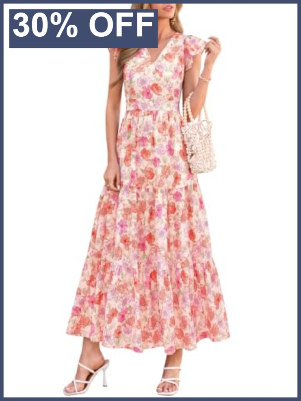 Women's Floral Maxi Dress Wrap V Neck Ruffle Sleeve Tiered Cotton Viscose